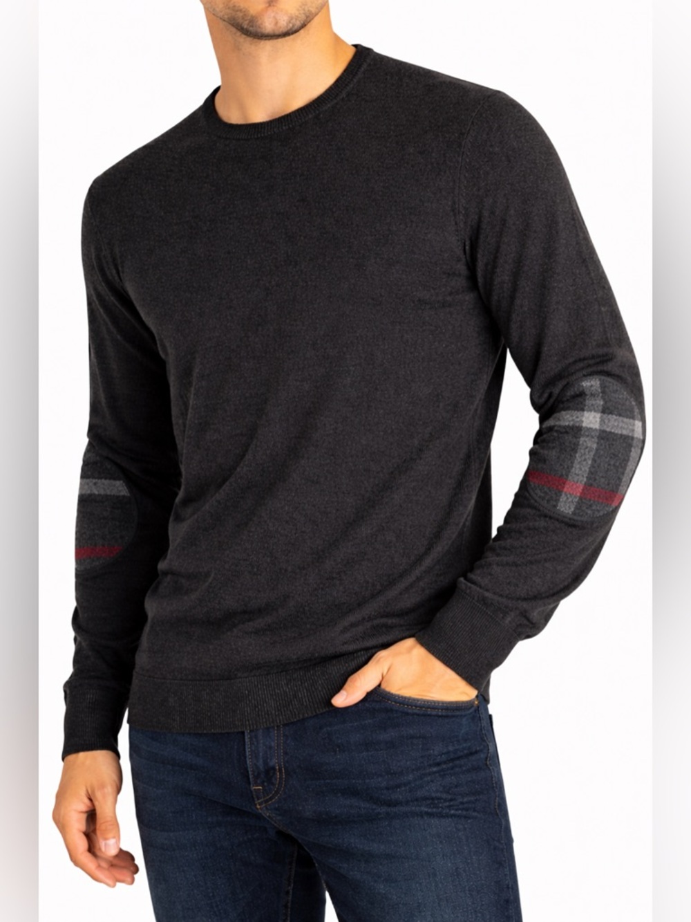 Burberry London England Dark Gray Merino Wool Sweater w/ Nova Check Elbow Patch